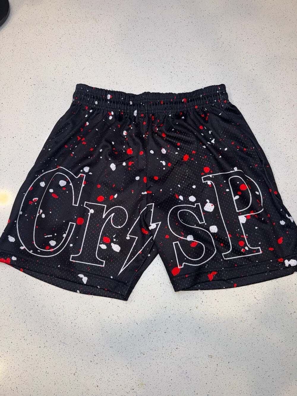 CrisP NYC Paint Splatter Black Mesh Athletic Shorts